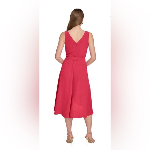 DKNY Women's Sleeveless V-Neck Coral Lipstick Midi Dress - Picture 3 of 8